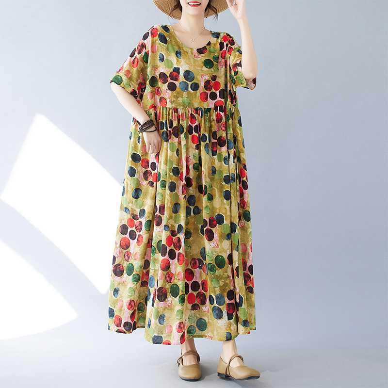 Einfaches Modisches Langes Kleid mit Sommer Fett Übergroß Kurzärmlig Rundhals Bedruckt Freizeitkleider