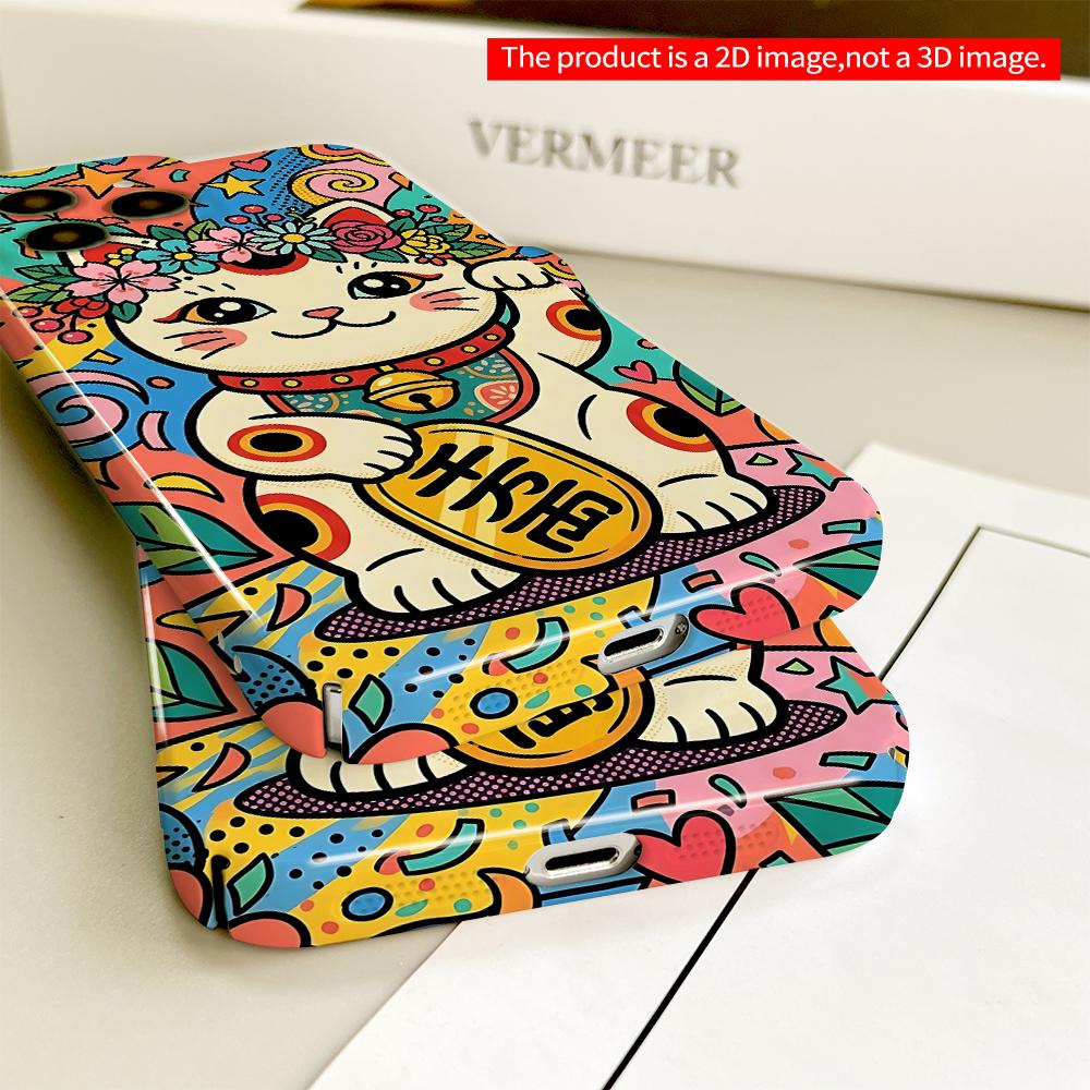 Colorful Maneki-neko with Floral Crown & Lucky Coin All inclusive film hard phone case, compatible with iPhone 18 Pro Max 17 16 15 14 13 12 11