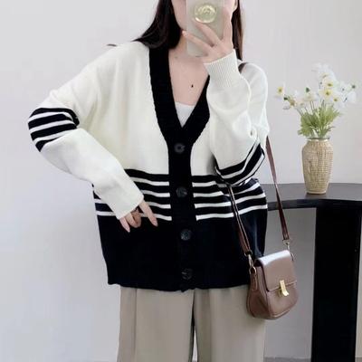 Autumn and Winter Lazy Wind Loose Sweater Cardigan Women's New Striped V-neck Knitted Jacket Versatile Casual Top