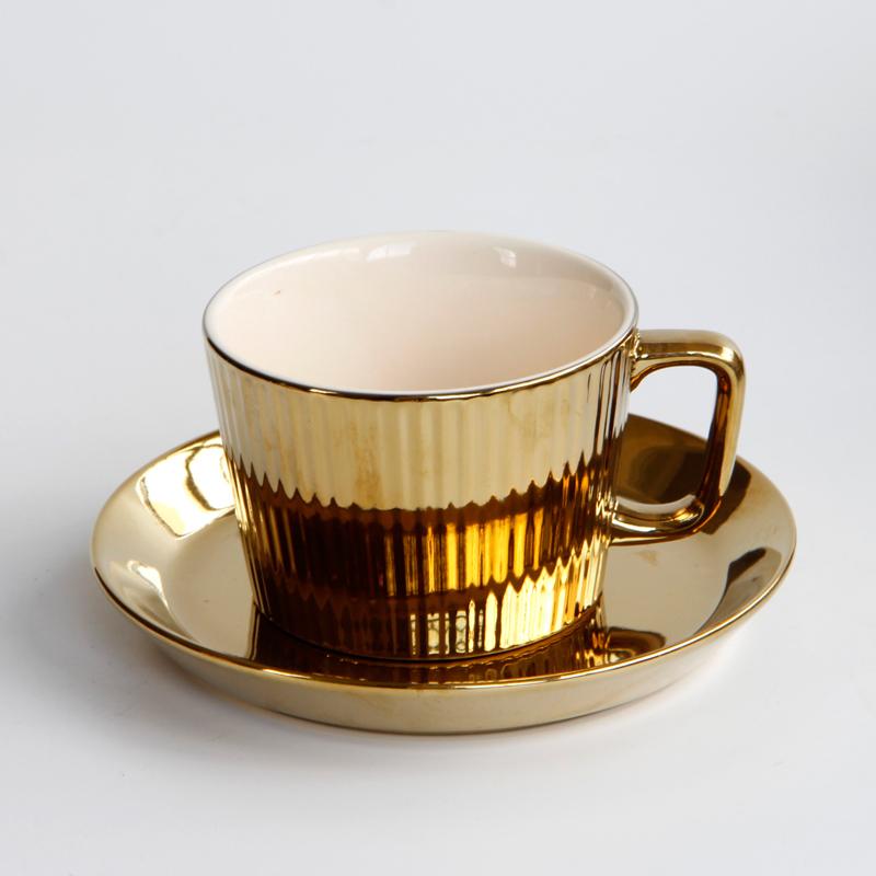 Ceramic gold coffee cup saucer set Gold three-dimensional striped mug Home cup Nordic simple milk cup afternoon tea cup gift