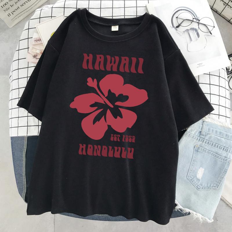 Hawaii Est 1959 Honolulu Print T-Shirt Damen Sommer Rundhals T-Shirts Baumwolle Atmungsaktiv Kurzarm Sport Lässig T-Shirt