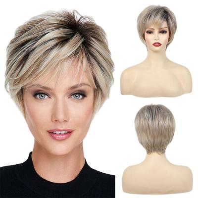 Synthetic Pixie Cuts Wigs Female Short Haircuts Wig with Bangs Natural Hairstyle Mommy Wigs Ombre Blonde Color Gradient