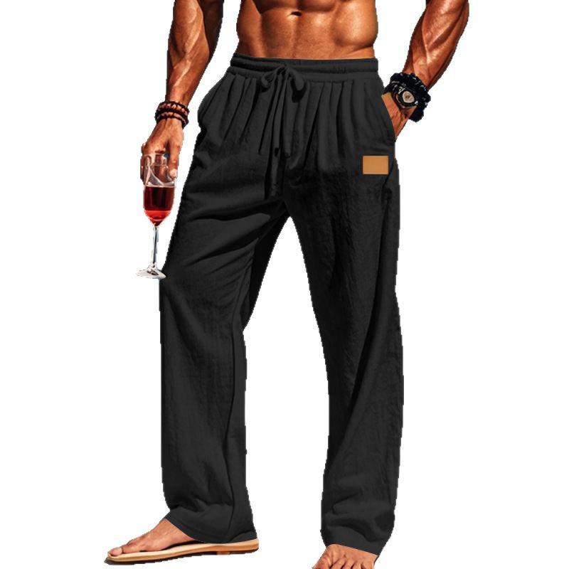 Cross-Border Men's Cotton Linen Drawstring Beach Pants.