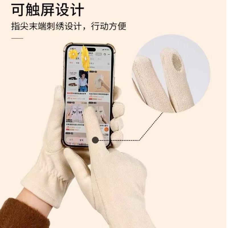 Winter Women's Lamb Wool Gloves Outdoor Riding Cold-proof and Warm Gloves with Fleece Touch Screen Five-finger Gloves Wholesale