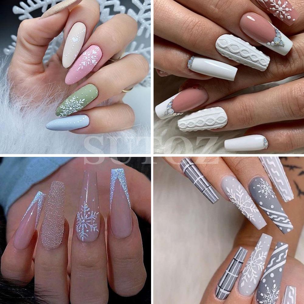 Winterweiße Weihnachts-Nagelsticker: Glitzernde Schneeflocken-, Herz- und Rentierdesigns