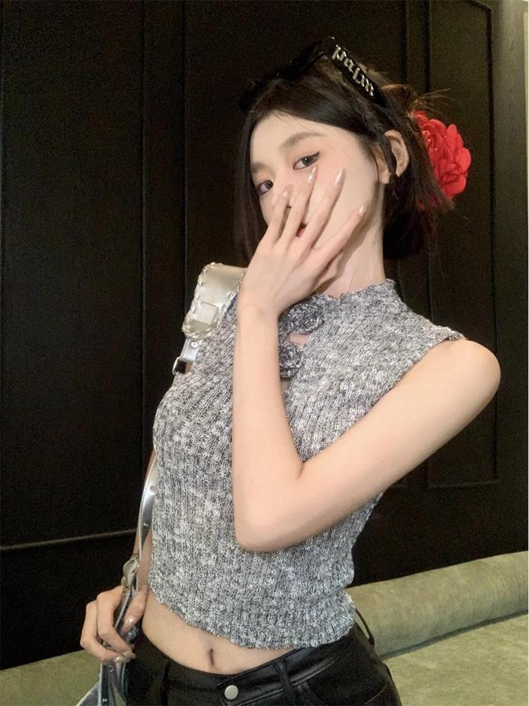 2025 Spring/Summer Hong Kong Style Spicy Girl 3D Floral Hollow Cropped Slim Vest Trendy Knitwear