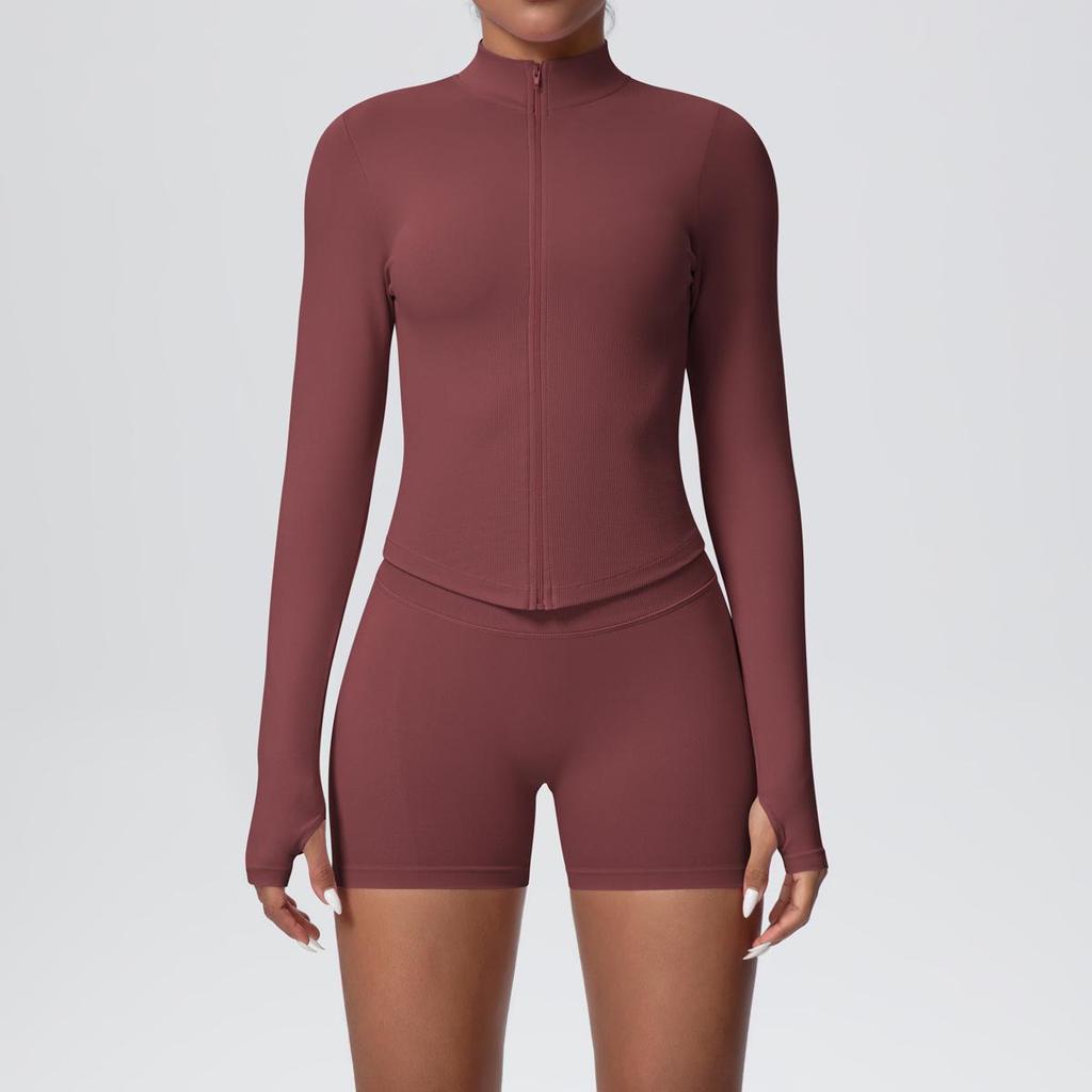 Women's Seamless Stand Collar Zip-Up Yoga Set with High Waist Leggings