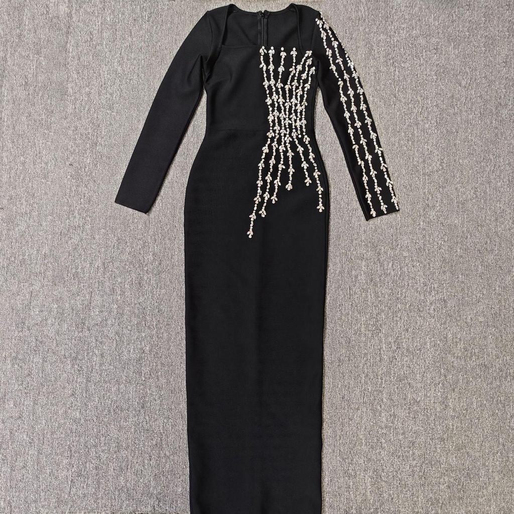 European & American Luxury Rhinestone Square Neck Bandage Dress - Slim Fit, Elegant Socialite Evening Wear.