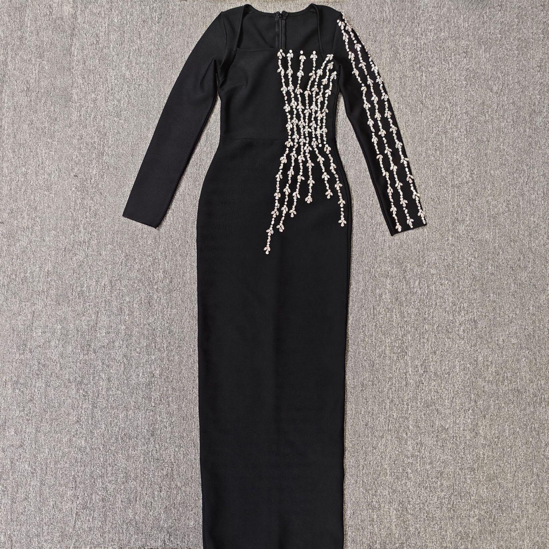 

Европейское и американское роскошное платье-бандаж с квадратным вырезом и стразами - Приталенное, элегантное вечернее платье для светской львицы. Extra Large чёрный