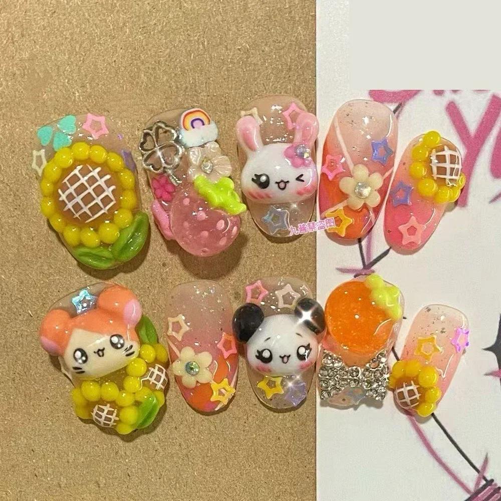 Kawaii Handmade Square Press On Nails Art Party Stickers Cute Flower Panda Bear Animal Custom Acrylic Fake Nails