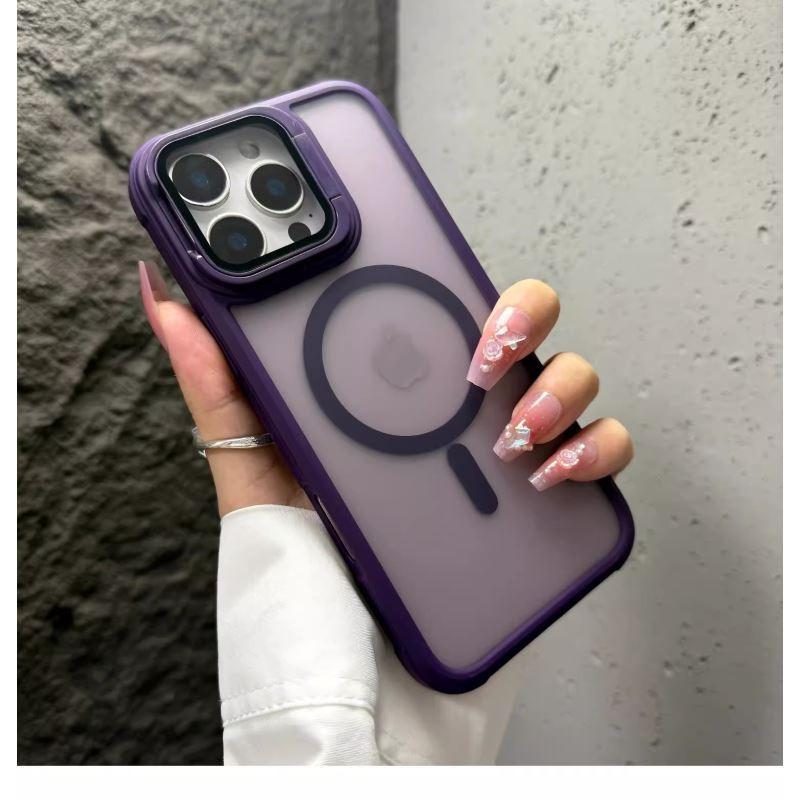 Fashion Bracket Stand Magnetic Phone Case for iPhone 16 15 14 Plus 13 12 16 Pro Max With Lens Protection Cover for Magsafe Cover