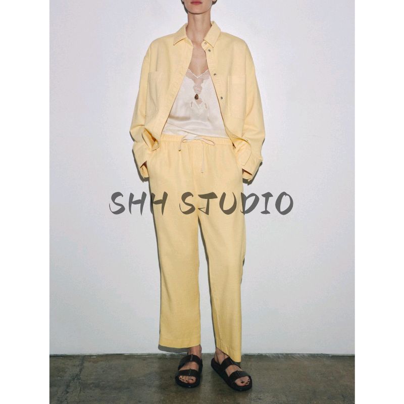 Cotton Lapel Pocket Long Sleeve Shirt Coat 6786241 Mid-Waist Comfortable Casual Jogger Pants 6786042