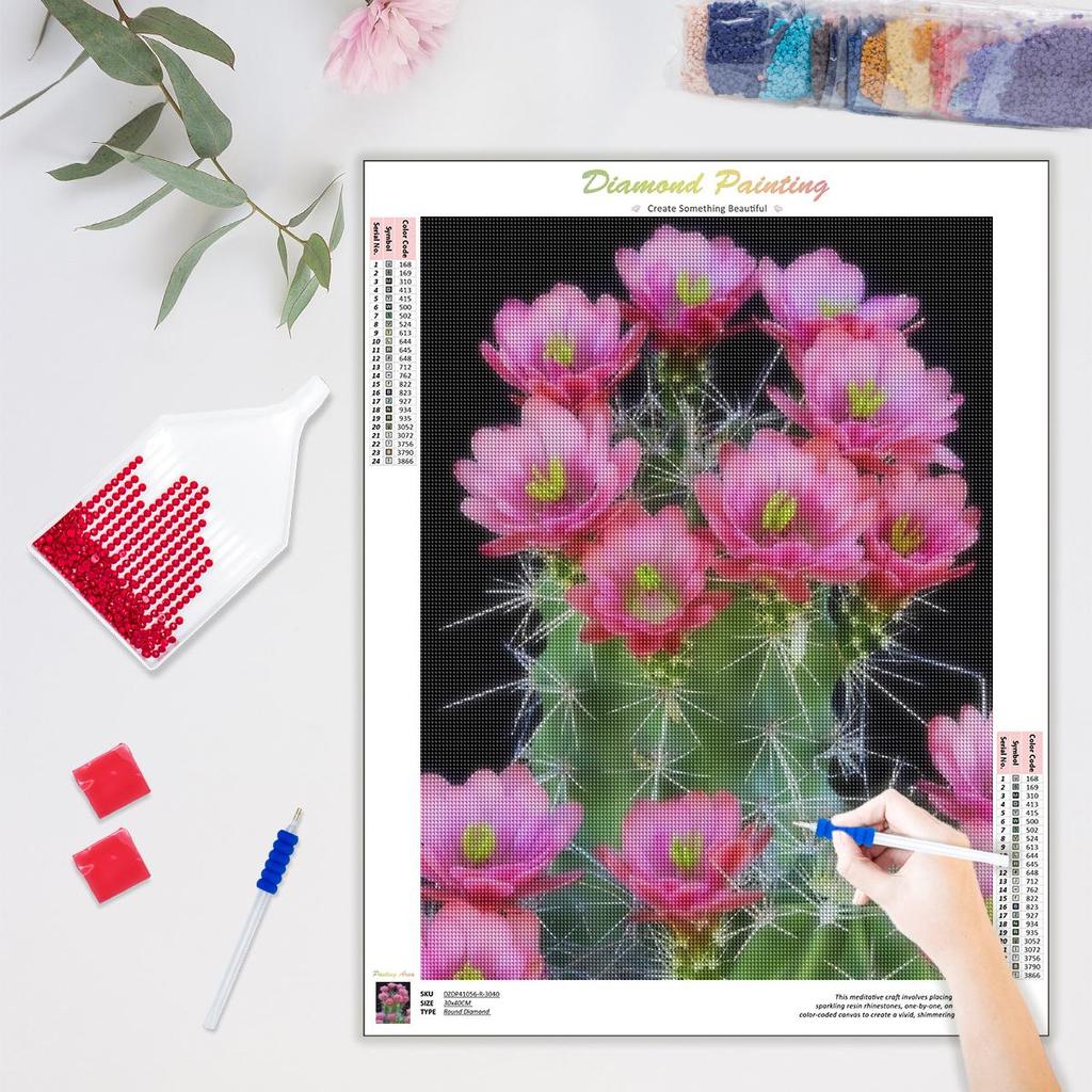 Diy Diamond Painting Cactus Flower Full Round Diamond Mosaic Cross Stitch Embroidery Decoration 30x40cm/12x16inch