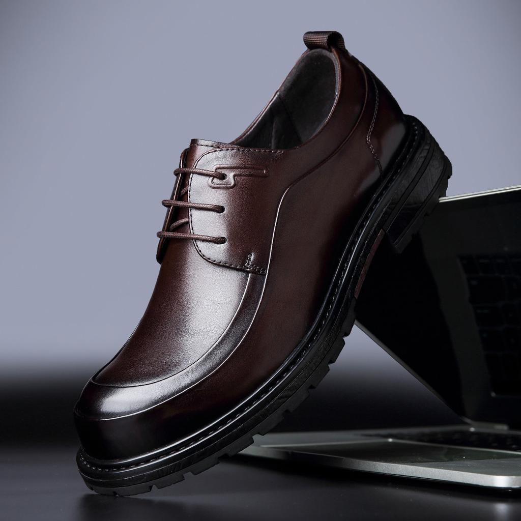 First Layer Cowhide Men's Leather Shoes Soft Sole Large Round Head Suit Leather Shoes Wear-resistant High-end Large Size Men's Lace-up Leather S