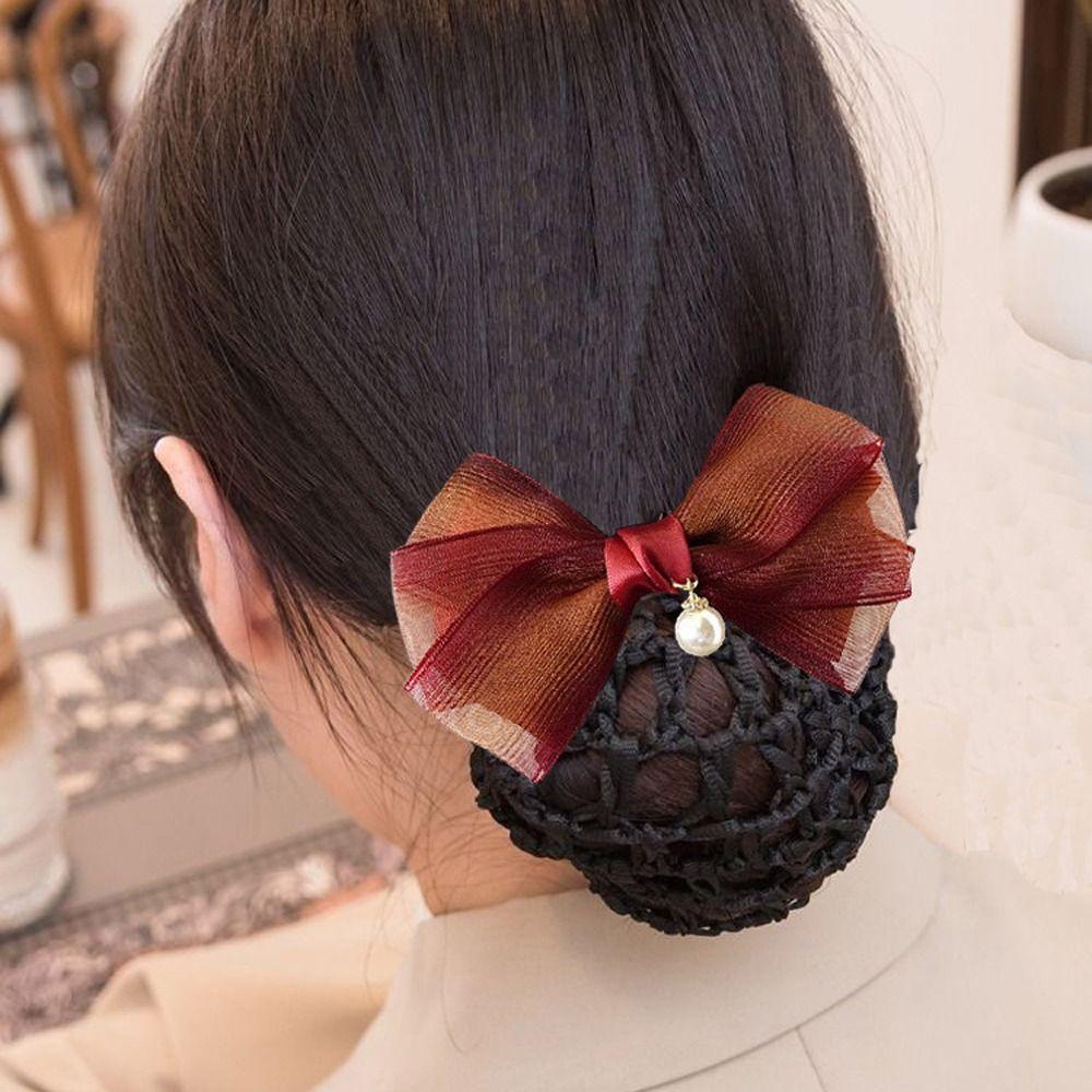 Pearl Pendant Mesh Bow Bun Net Spring Clip Bowknot Hairgrips Net Cover Bowknot Bun Snood  Dance