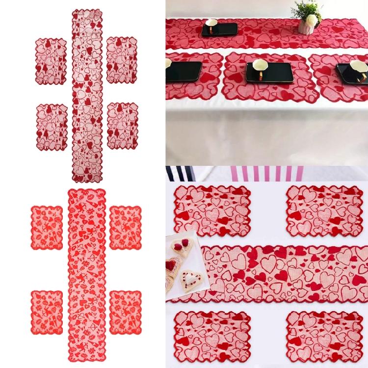 5Pcs Valentines Theme Lace Table Runner and Placemat Set with Heart Pattern Romantics Weddig Anniversaries Dinner Decors