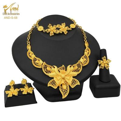 Conjunto de Joias Nupciais de Ouro 24K de Dubai: Colar, Pulseira, Brincos, Anel para Mulheres Africanas