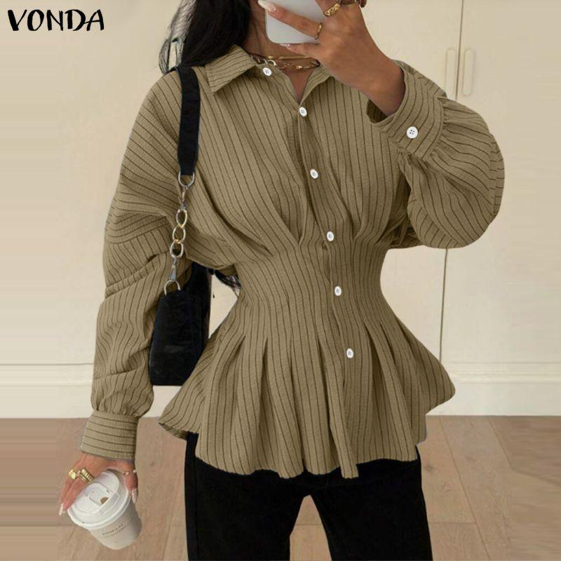 VONDA Womens Casual Lapel Neck Long Sleeve Ruffled Striped Print Loose Rumple Blouse Shirts