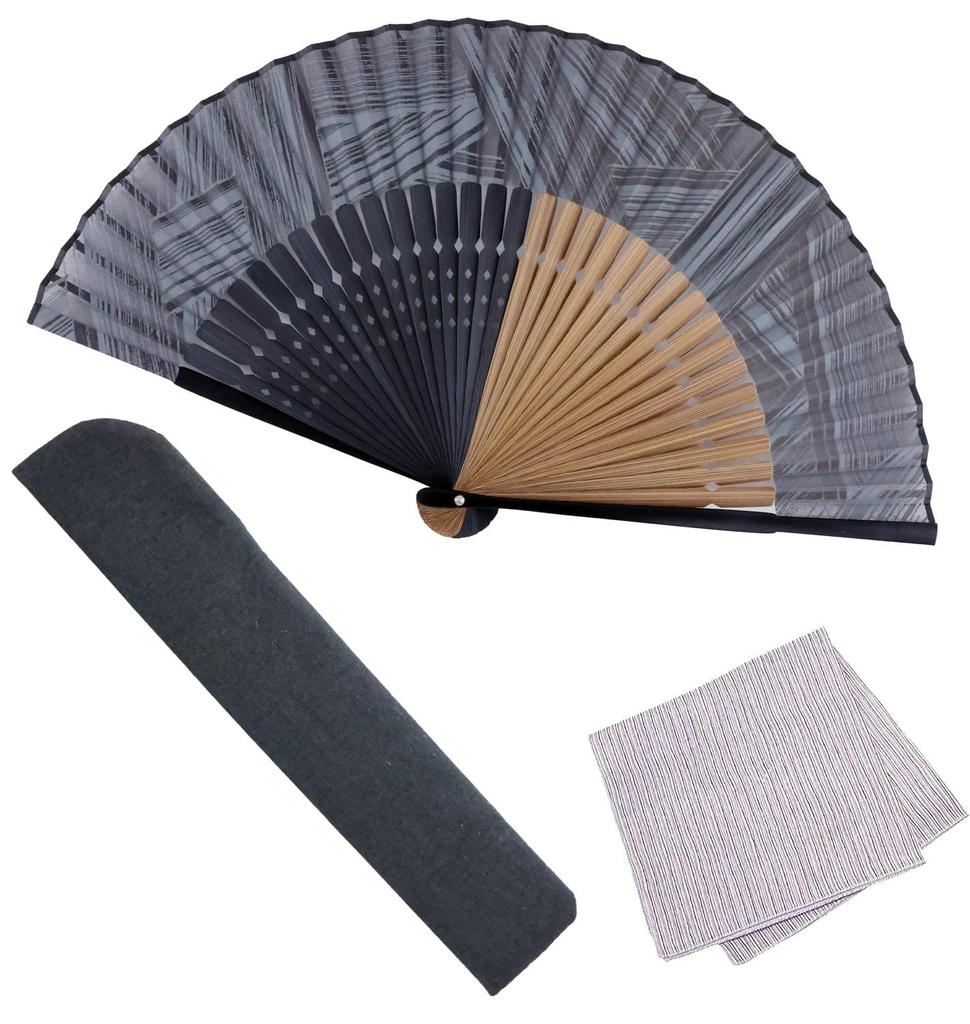 Stylish Folding Business with Fan Pouch and Short Rib Gauze Pattern [Osaka Choseido] Men's Fan, Style, Handkerchief, Two-Tone (Gray)