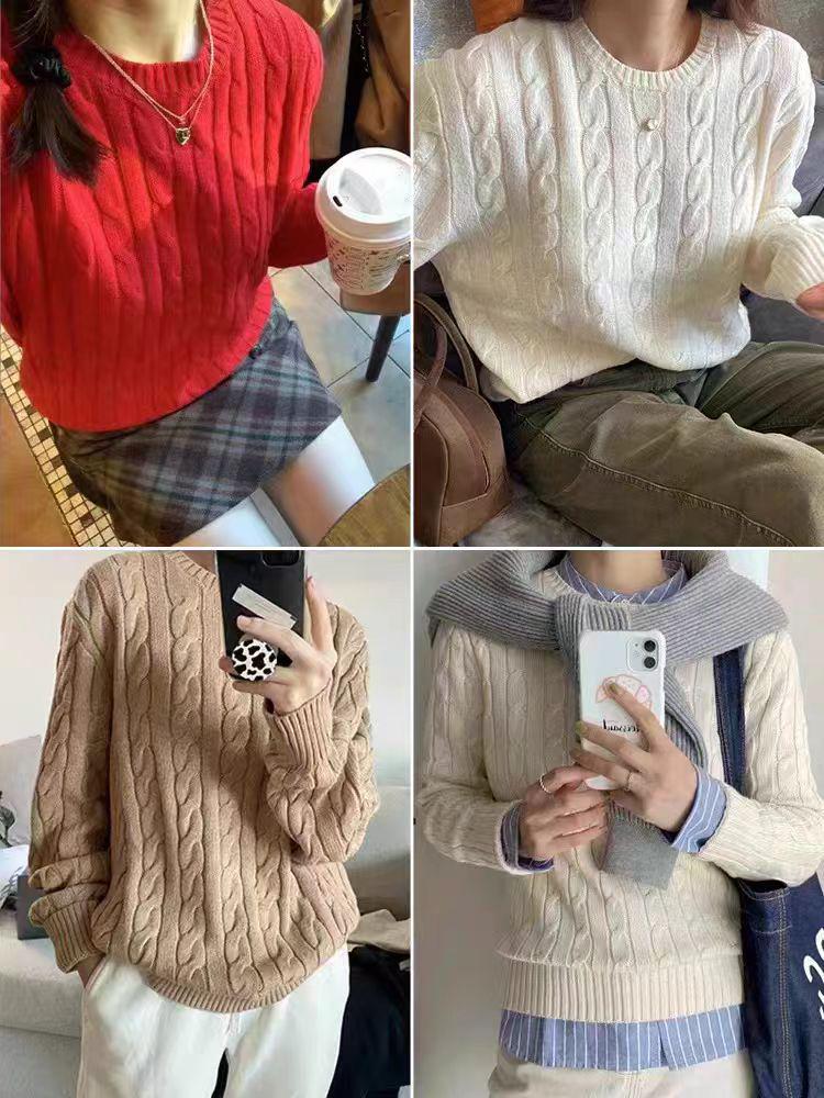Women's Round Neck Pure Wool Cable Knit Sweater - Loose Fit, Thick Base Layer for Autumn/Winter 2026.
