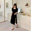 Black Dress Women's Summer New Hepburn Style Temperament Square Neck Split-ended Bubble Sleeves French Retro Skirt