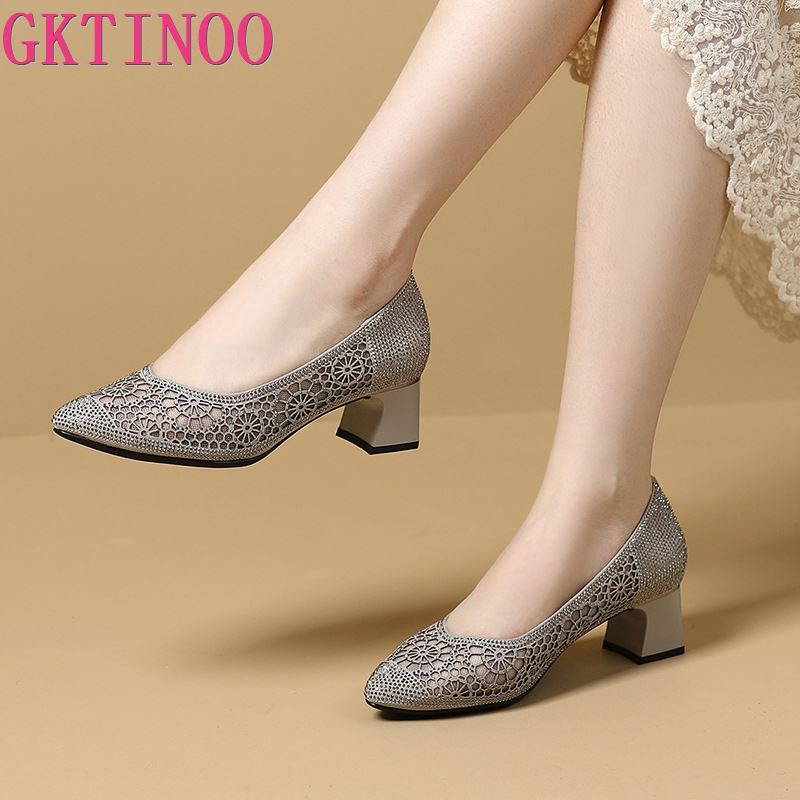 Fashion GKTINOO Lace Sexy Pointed Toe Women Shoes Summer 2025 Designer Mid Heels Shallow Mature Dress Woman Shoes Pumps Mujer Zapatos