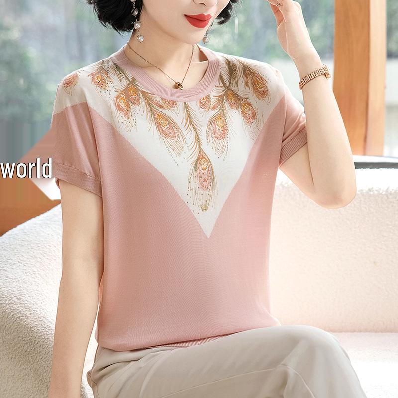 

Elegant Ice Silk Short Sleeve T-Shirt for Women: 2026 Summer Casual Mom Wear 5XL (recommended for 150-165 jin) рожевий