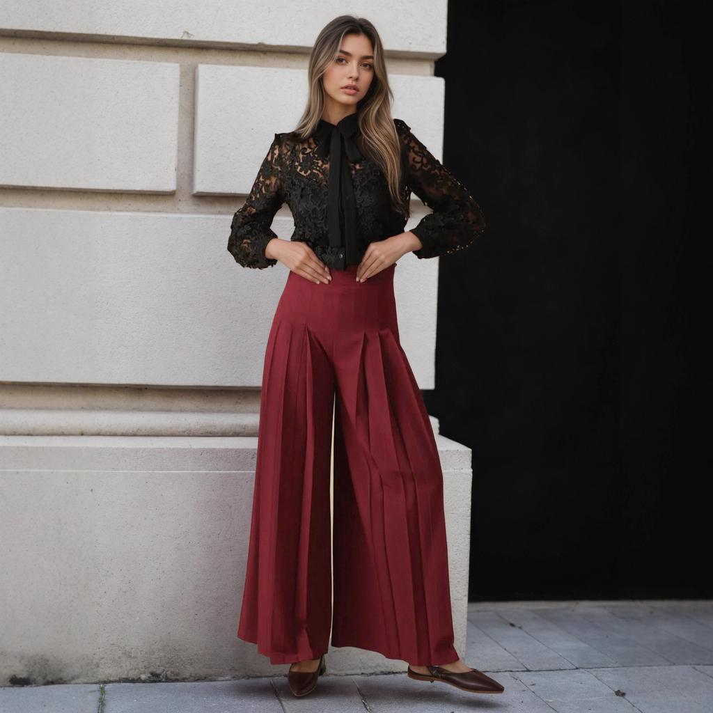 European and American fashion solid color high waist fold waist thin design waist culottes cover meat modified leg wide leg pants