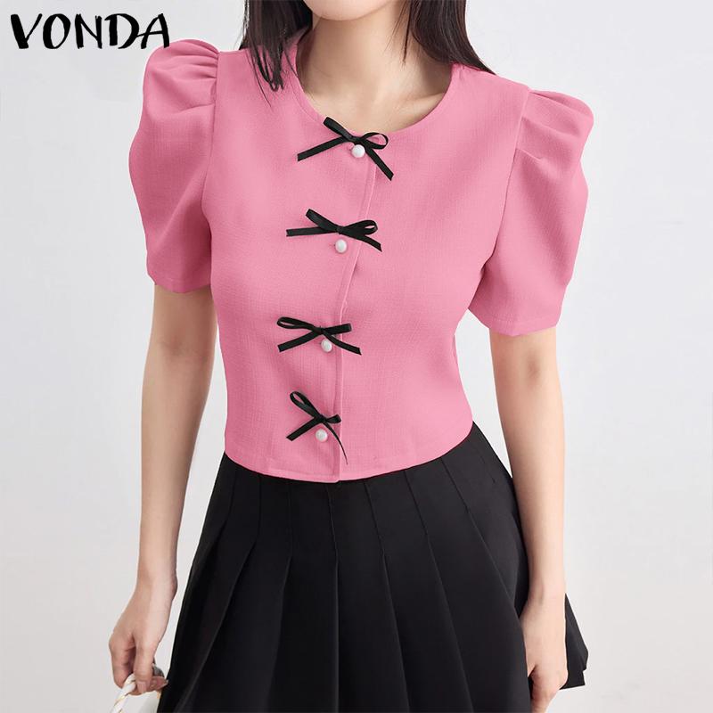 VONDA Summer Women Girls Short Sleeve Front Bow Knot Casual Cropped Elegant Blouse