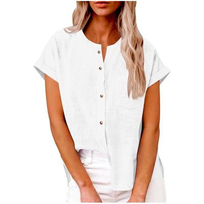 2026 New Women's Tops Loose Casual Solid Color Buttoned Short-sleeved Cotton and Linen Women's Shirts