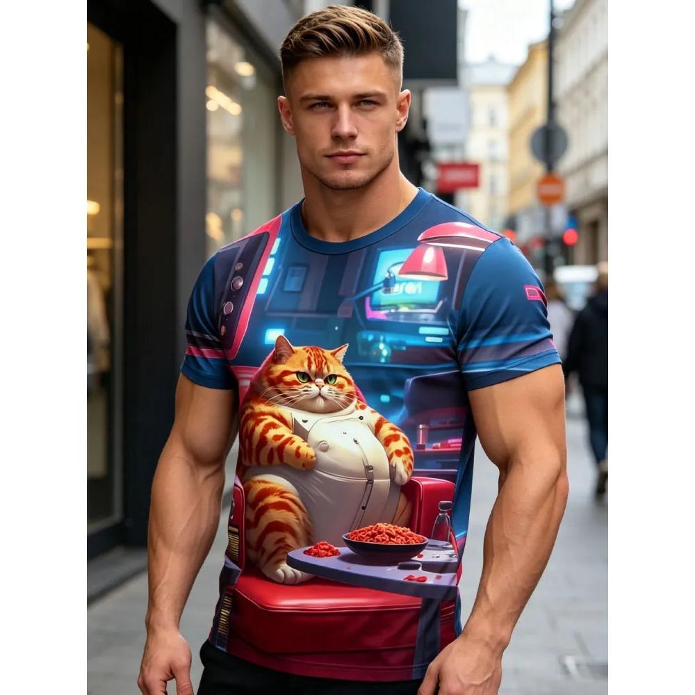 Summer Fashion Men's Fun Cat 3D Printed T-shirt Comfortable Soft Breathable Loose Large Casual Sports Versatile Short Sleeve T-shirt