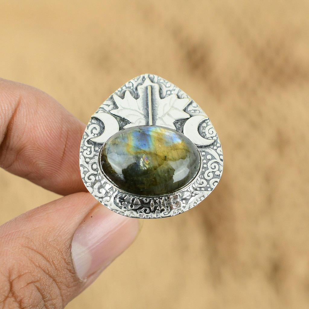 Mothers Day Sale Labradorite Stone Sterling Silver New Cresent Moon Ring Jewelry