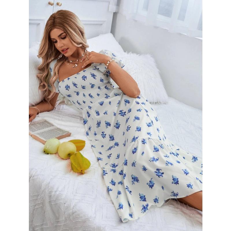 Square Collar High Waist Printed Summer Women's Dress, Comfortable and Elegant Women's Long Skirt