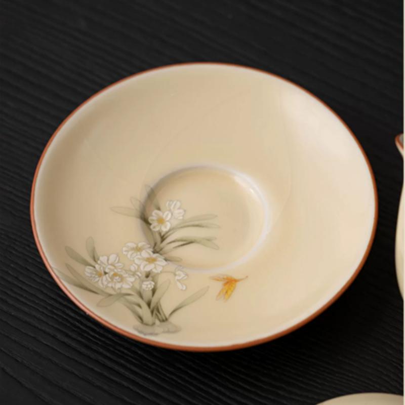 Čínská béžová Ru Kiln Čaj Tureen Šálek na čaj Ručně malované květiny narcisů Keramická čajová miska Gaiwan pro domácnost Cestovní konvice na čaj Čajovač