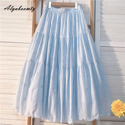 Frühling Sommer Frauen Süße A-linie Rock Hohe Taille Hellblau Aushöhlen Rock Grund Damen Baumwolle Elegante Feminine Röcke