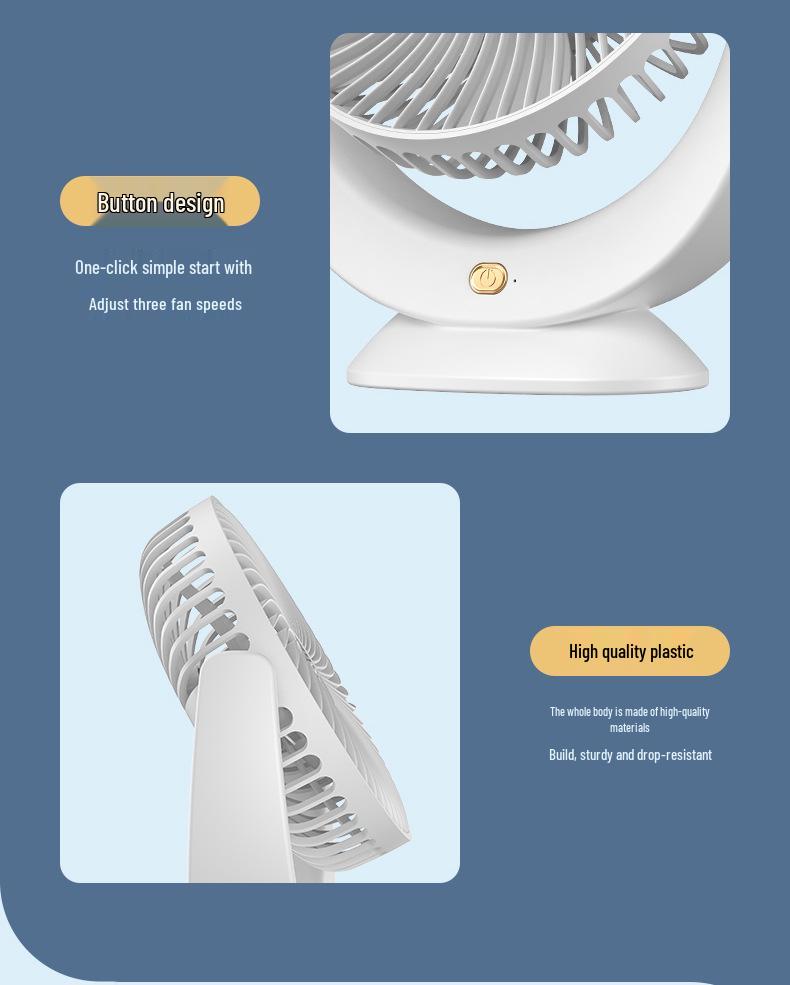 Ventilador Sem Fio Portátil Recarregável por USB para Casa, Escritório, Mesa de Dormitório
