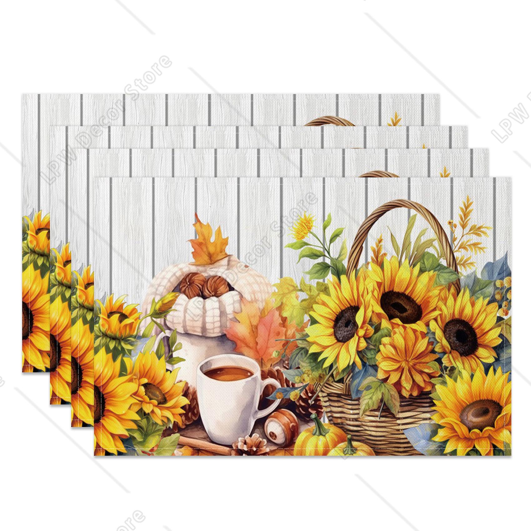

Autumn Harvest Placemats Sunflower Pumpkin Fall Leaves Printing Cozy Seasonal Table for Dining High Tea Wedding Decoration 4 PCS 12x18inch