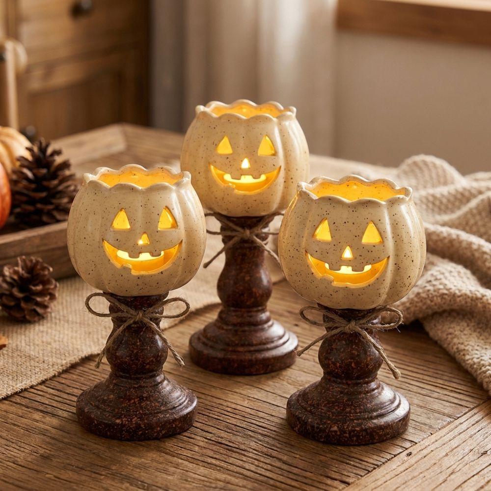 Antique Finish Pumpkin Candle Holder with Light Tealight Candle Holder Lamp Mantel Shelf Decor