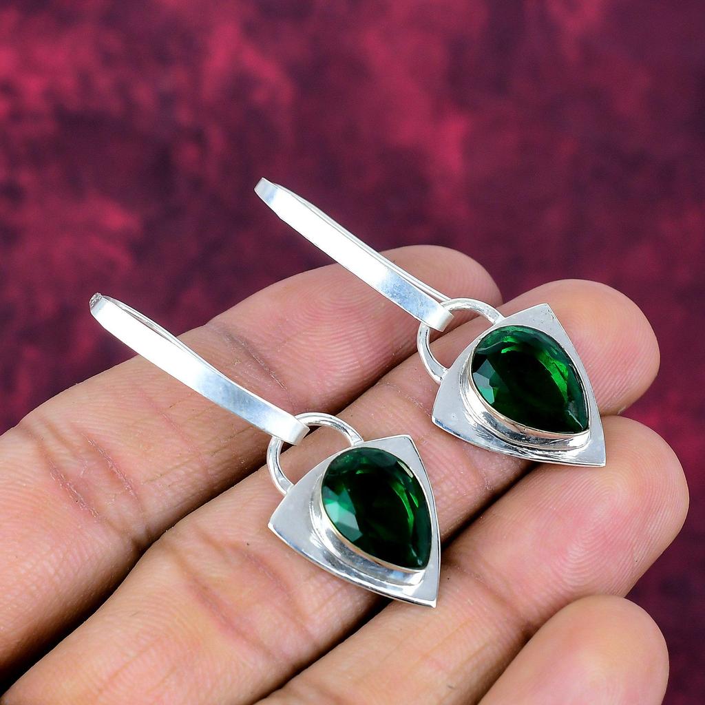 Chrome Diopside Handmade Gemstone Earrings, 925 Solid Sterling Silver Earrings, Unique Design Jewelry Earrings