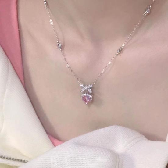 Women Necklace Sparkling Rhinestones Heart Bow Design Pendant Necklace Valentine Day Anniversary Jewelry Gift