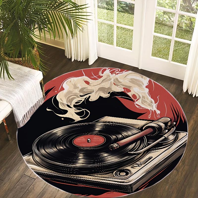 Vinyl Record Player Round Rug Flannel Printed Carpet Music Theme Home Decor Cozy Soft Floor Mat Living Room Indoor Use