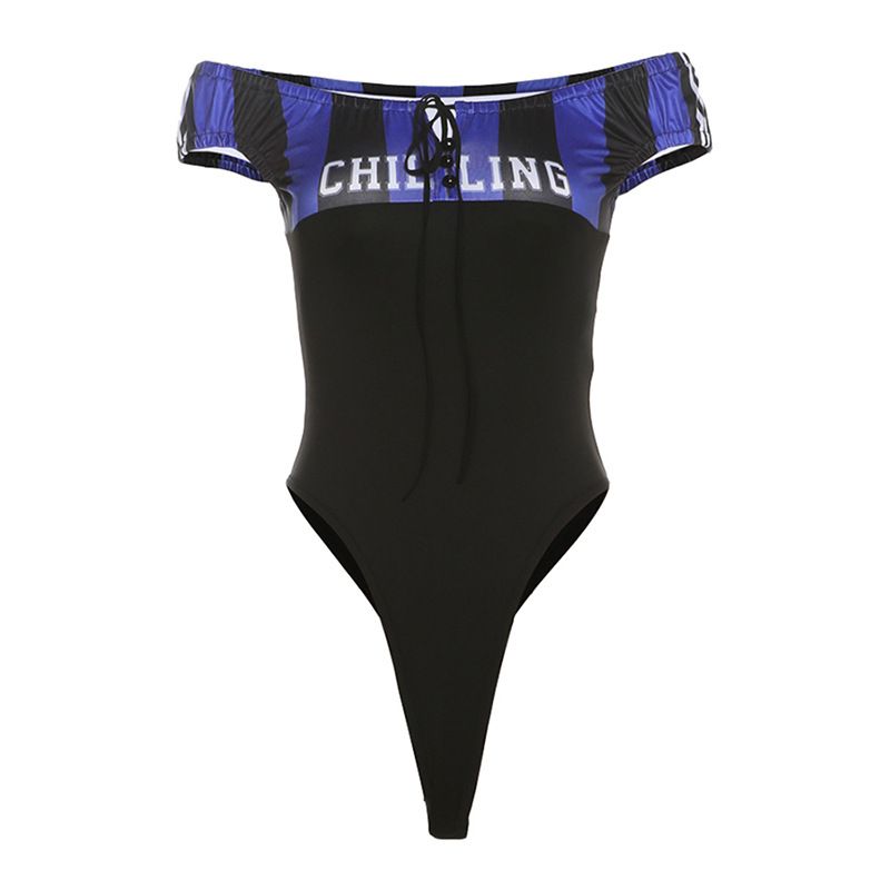 

Kkx Европейский и американский сексуальный стиль гяру, полосатый принт с буквами, пэчворк, эластичный, с открытыми плечами, короткий рукав, с открытыми плечами, цельный топ Blue L