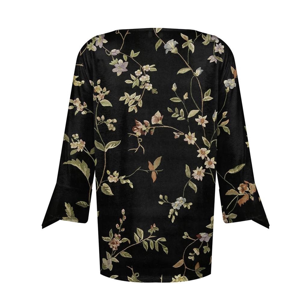 Women's Loose Casual Three-quarter Sleeves V-neck Lace Floral Print T-shirt Top