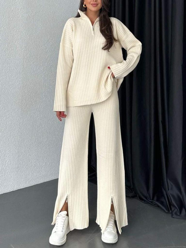2026 Cross-Border Fall Women's Solid High Neck Ribbed Knitted Two-Piece Loungewear Set with Zipper