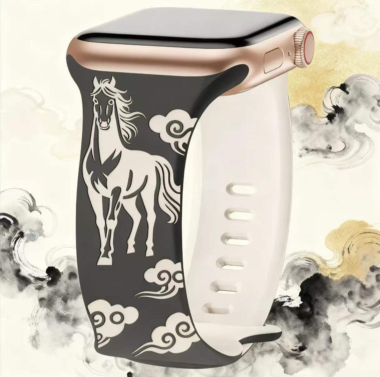 Compatible Apple Watch 8 Engraved Silicone Strap with Butterfly Buckle - Auspicious Clouds & Horse Design 38-41mm