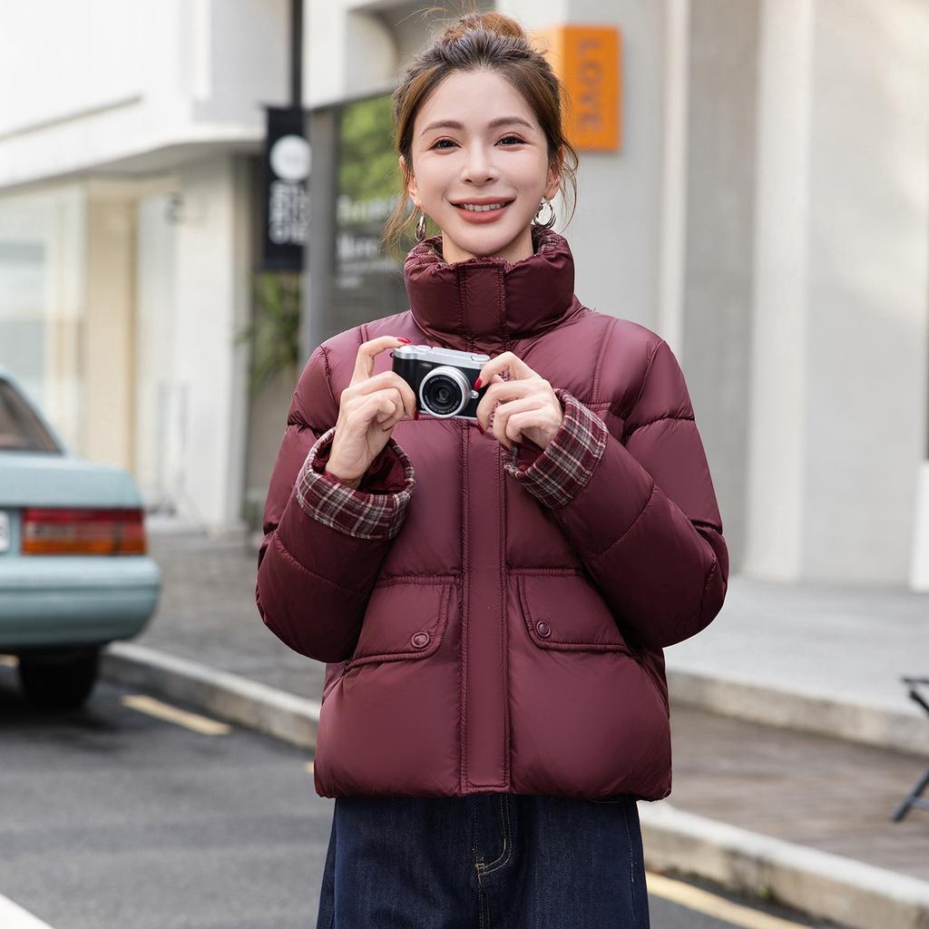 [] Winter new women's fashion stand-up collar collar down cotton clothes design sense contrasting color grid warm cotton clothes