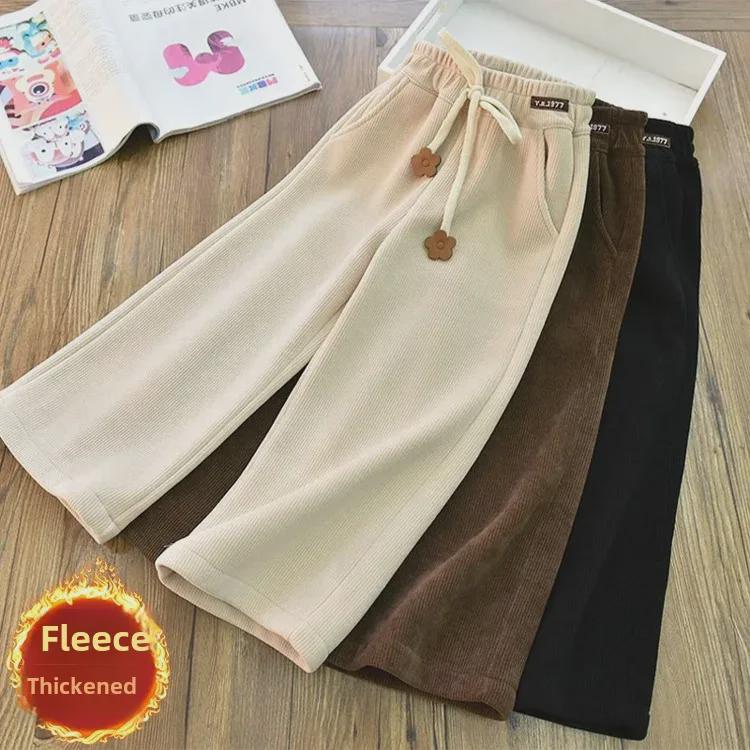 Pantaloni de catifea reiată cu picior larg pentru fete - Groși, eleganți și casual pentru toamnă/iarnă