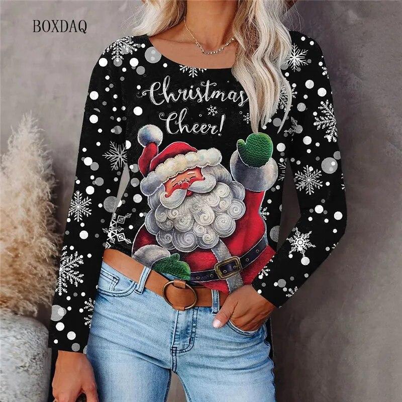 Cartoon Santa Claus And Snowflakes Pattern Women Fashion T-shirts Autumn Winter Long Sleeve 3d Print Christmas Street Lady Tops