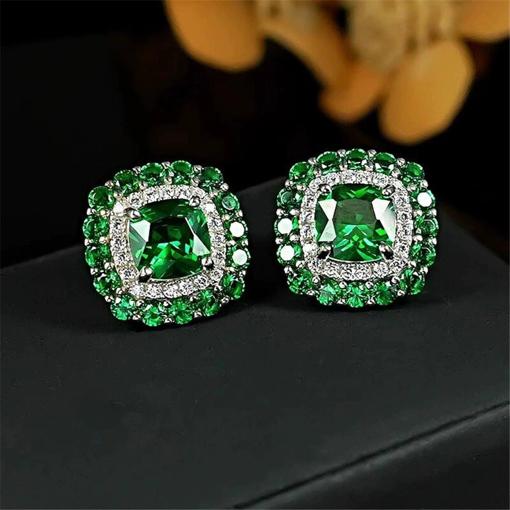 Cute Female Blue Green Zircon Stone Stud Earrings Vintage Silver Color Wedding Party Gift For Women