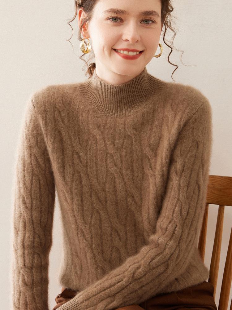 Women's Cashmere Cable Knit Sweater: Autumn/Winter Long Sleeve, Loose Fit, Half-High Neck, Thick and Warm Base Layer.